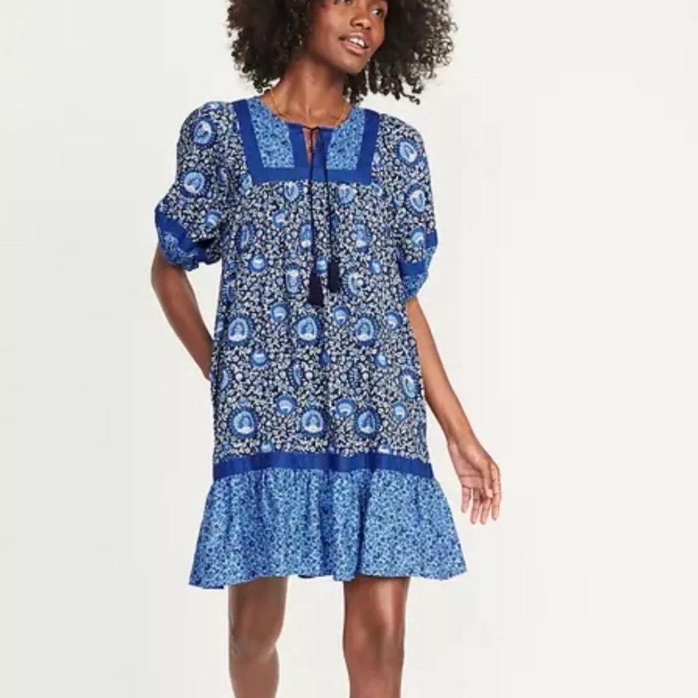 Old Navy Puff-Sleeve Blue Printed Mini Swing Dress Floral Tassel Tie Neck Small